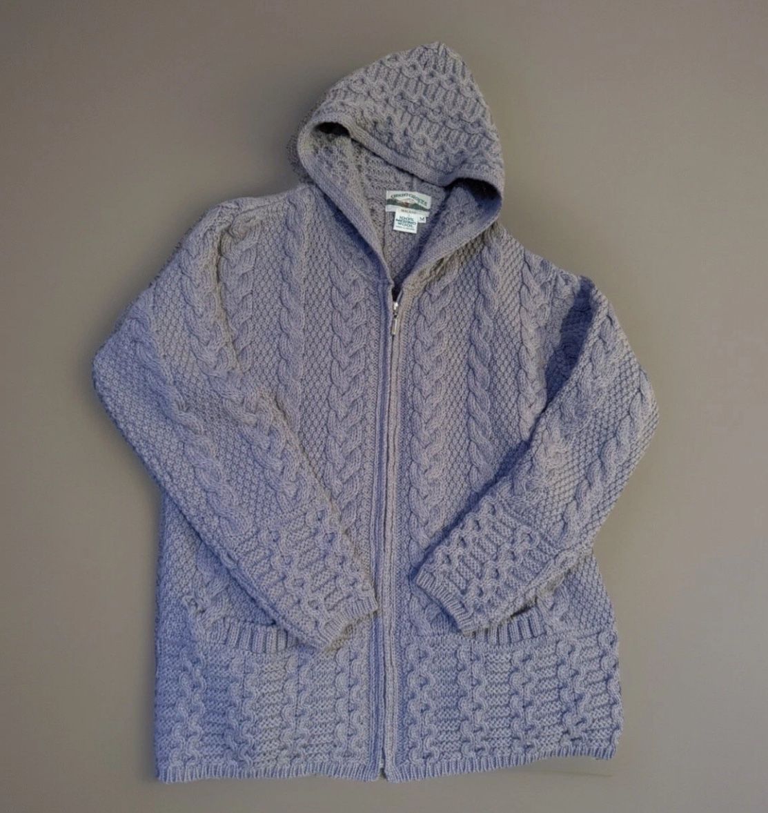 VTG Aran Crafts Ireland Women Cardigan Sweater Sz Medium Gray Merino Wool Hood & Zip