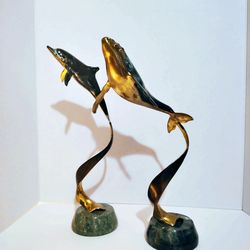 Antique statues brass marble Dolphin and whale 14" 1/2 tall