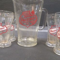 Falstaff Beer Pitcher And 8 Glasses 