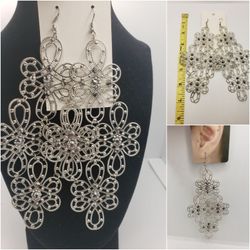 Vintage filigree, statement, Earrings 7"inches long, silver tone
