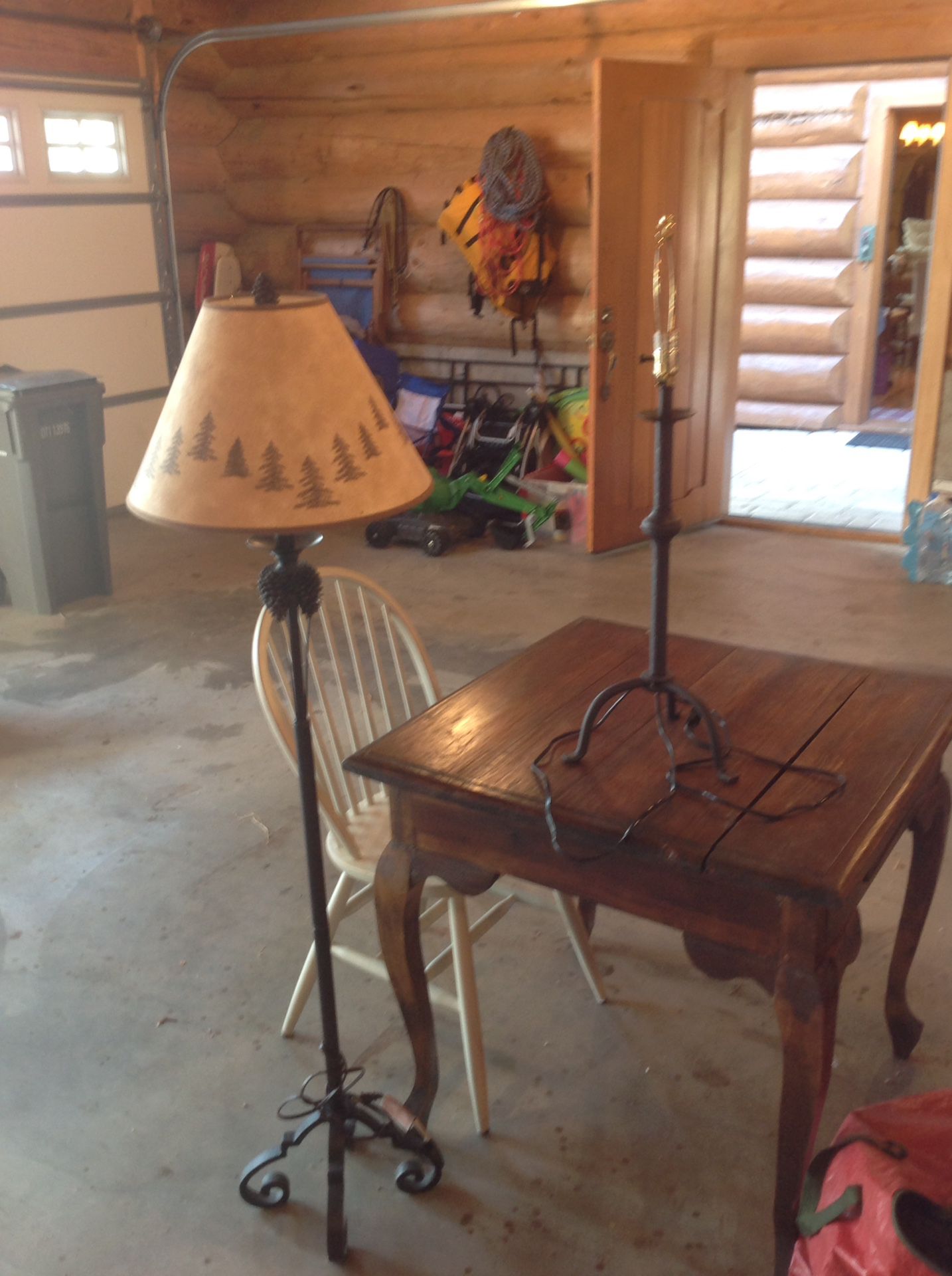 Antique Table, chair, floor lamp and table lamp (without shade).