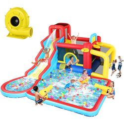 Inflatable Water Slide for Kids, 10-in-1 Water Bounce House Backyard Waterpark with Long Water Slide & Large Splash Pool Wet Dry Combo for Kids Outdoo