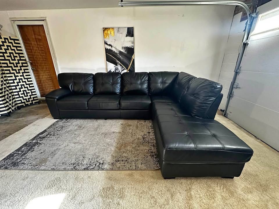 Black Leather 5-Seater Sectional Sofa
