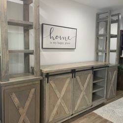 Custom TV Stand Cabinet Entertainment Center TV Lift Modern Rustic Farm House Barn Doors Console Handmade Restorations hardware Insp. Bookshelves 