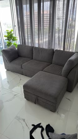 DARK GRAY COUCH SET WITH STORAGE PIECE AND SWIVEL CHAIR