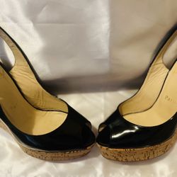 Christian Louboutin Black Open Toe Wedge Shoes