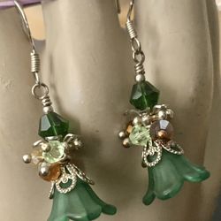 Vintage 925 Sterling Silver Earrings Hooks  Lucite Green Bell Shaped Nice  Excellent Used Condition 