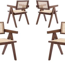 Rattan Dining Chairs Set of 4, Mid Century Modern Dining Room Chairs Wicker Armchair Comfy Side Chair Walnut Wood Boho Kitchen Cane Side Chairs with A
