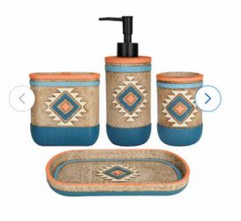 KIWDZFU Bathroom Accessory Set 4 Piece Tribal Southwest Pattern Lotion Dispenser Toothbrush Holder Tumbler Cup Vanity Tray