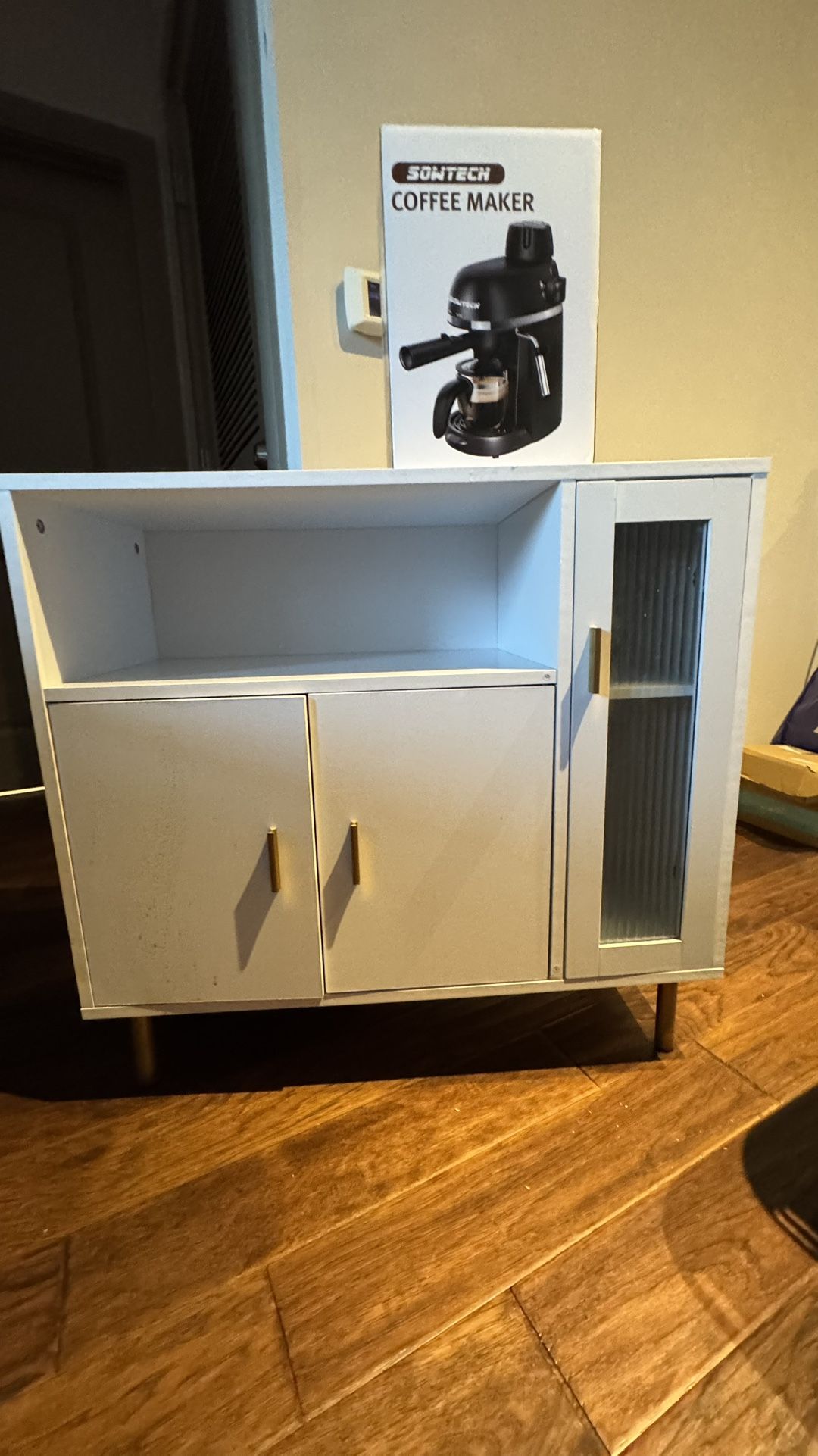 White Coffee Buffet/ Credenza + Unopened New Coffee Machine