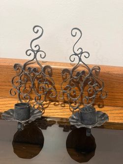 Vintage Black Wrought Iron Scroll Wall Candle Sconces Pair