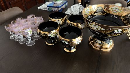Bohemian Czech Glass Footed Bowl Set, Black & Gold with Painted Flowers (5 pieces)