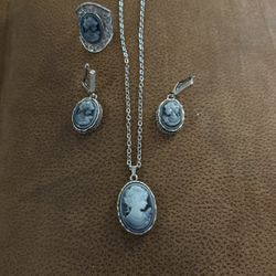Blue Cameo Sterling Silver Necklace, Ring And Earrings 