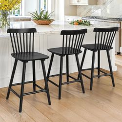Windsor Wooden Bar Stools Set of 3 for Kitchen Island, Farmhouse 24 Inch Counter Height Stools Chairs with Spindle Back, Black