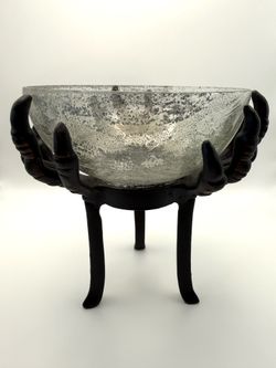 Frosted Glass Bowl with Metal Skeleton Raven Claw Stand