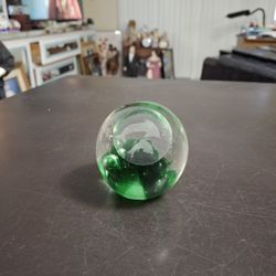 Vintage Controlled Bubble Emerald Green Art Glass Sphere Paperweight Etched Dolphins 2 3/4"