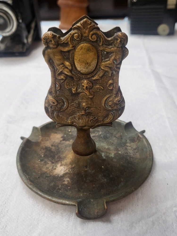 ANTIQUE M. LOEWENSTEIN NY BRONZE ART NOUVEAU ASHTRAY W/MATCH HOLDER-CHERUBS