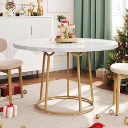 Round Dining Table, 47.24 Inch, Wooden Faux Marble with Gold Base, Circle Modern Small Table for Home Dining Room, Kitchen, Restaurant (White)