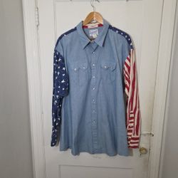 Rockmount Ranch Wear Men’s XL Relaxed Fit Chambray Western Flag Shirt (F3)