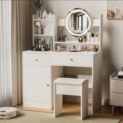 White Vanity with Round LED Mirror – Includes Stool & Storage