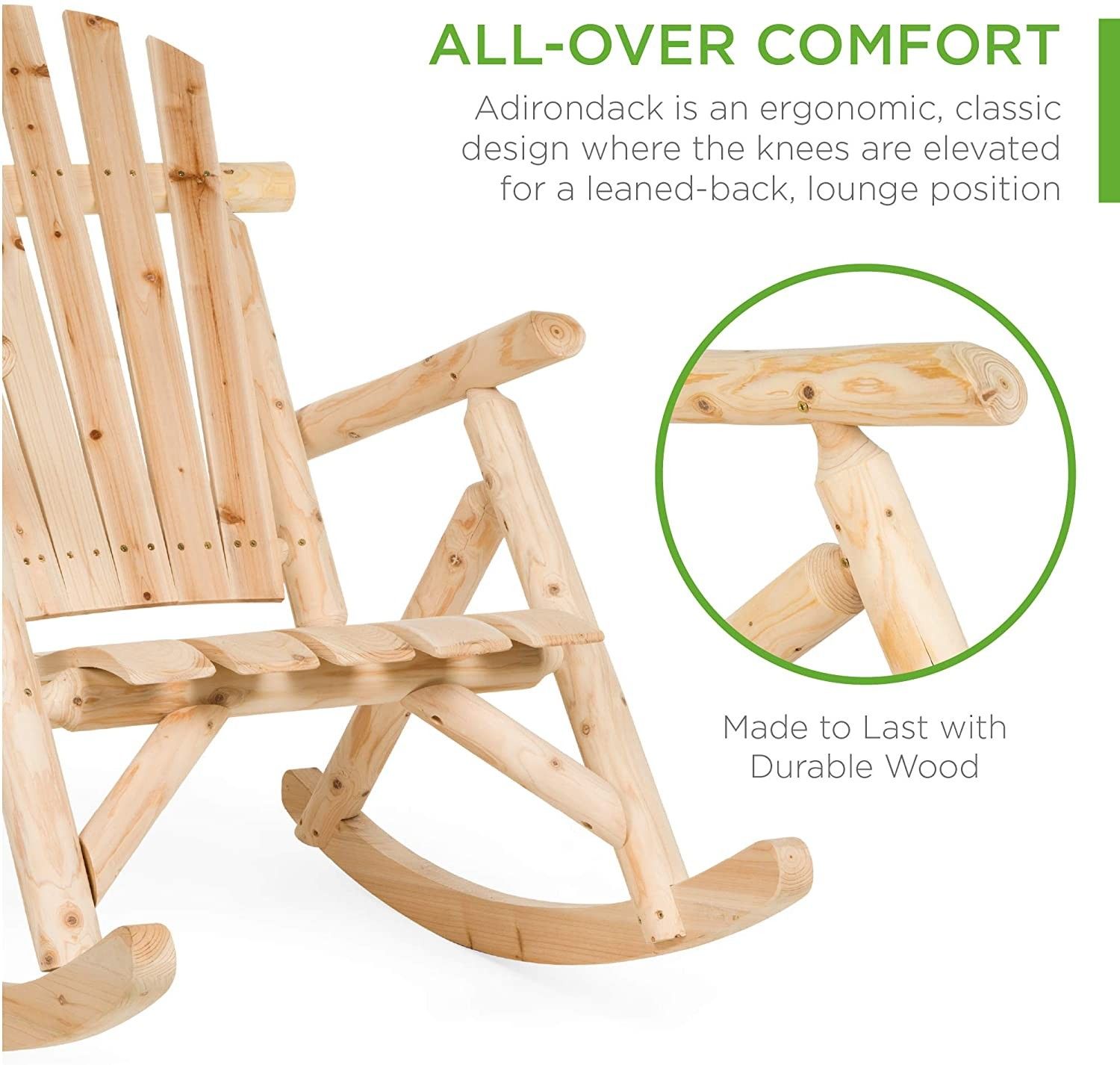 Lounger Wooden Rocking Chair Natural Finish, Biege, Indoor/Outdoor Patio Porch