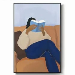 Framed Black Woman Reading Wall Art for Living Room, Modern Funny Blue Book Brown Canvas Picture Artwork, Portrait Painting Prints for Dining Room Hal