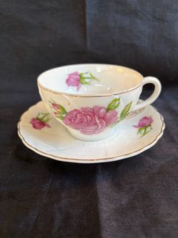 Vintage pink rose, teacup, and saucer made in Japan