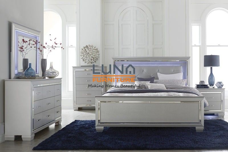 Allura Silver Queen LED Upholstered Panel Bed