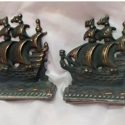 Beautiful Vintage Metal Sailboat Bookends Antique