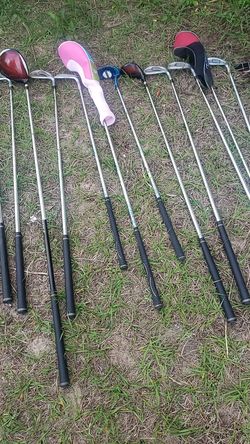 golf clubs and 2 bags and balls and 2 shoes 10.5