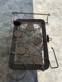 Rustic Wrought Iron Wall Candelabra & Bathroom Organizer - Bronze Finish