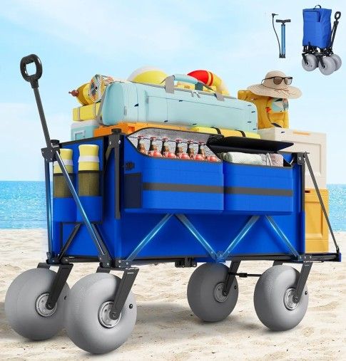 Beach Wagon with Big Wheels for Sand - 450lbs Load Heavy Duty Wagons Carts Foldable with 9" All Terrain Inflatable Tires, Collapsible Beach Cart for G