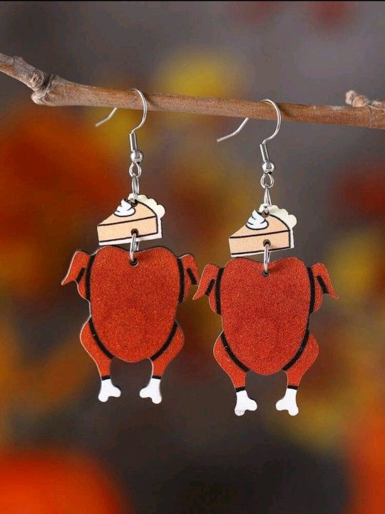 Vintage Thanksgiving Turkey & Pumpkin Pie Earrings - Double-Sided Wooden
