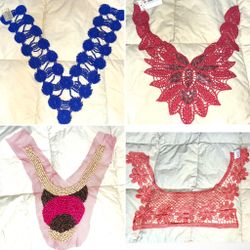 4 Vintage Neck Trim Appliqués for Tops Dresses - Black: Lace, Beaded, Ribbon, Ruffle