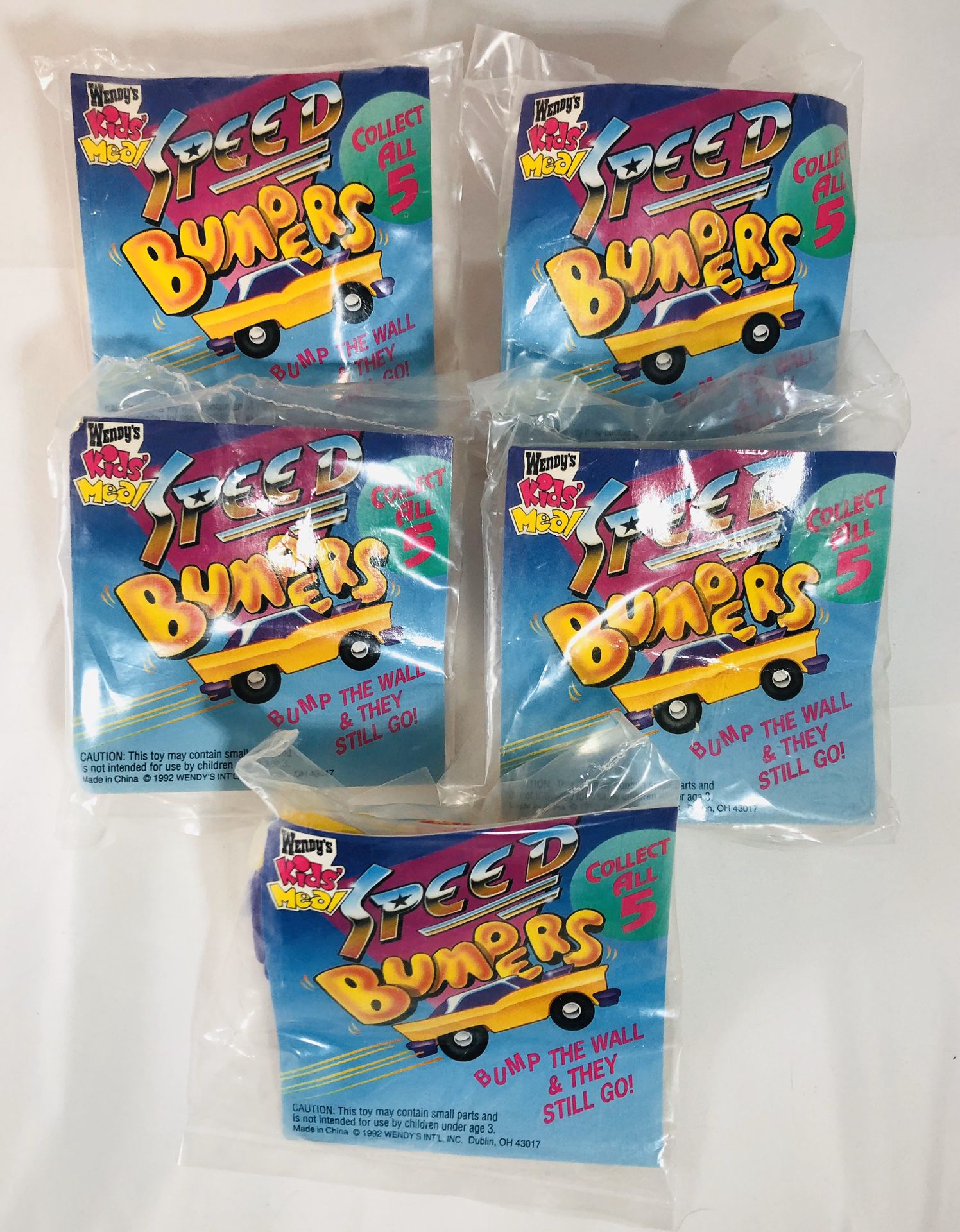 Speed Bumpers, Complete Set of 5, 1992 Wendy's Kids’ Meal Toys, NEW