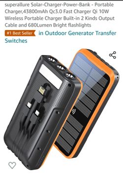 superallure Solar-Charger-Power-Bank - Portable Charger,43800mAh Qc3.0 Fast Charger Qi 10W Wireless Portable Charger Built-in 2 Kinds Output Cable and