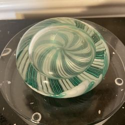 Hand-Blown Art Glass Paperweight Swirl Design in Green & White 3.5”