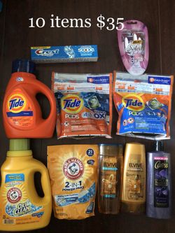3 Tide; 2 Arm & Hammer Laundry Soap; 1 Caress Body Wash; 2 LโOrรฉal; 1 Bic Razors; 1 Toothpaste: 10 Items $35