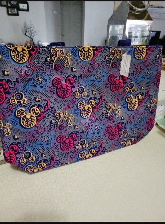 Disney Parks Purple Velvet Tote Bag w/ Multi-Color Embroidered Iconic Mickey Head. 