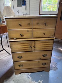 1950s pine chest with drop-down desk and 3 spacious drawers.