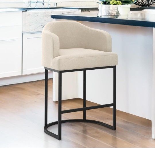 27" H Counter Height Bar Stools, Modern Counter Stools with Curved Backrest and Arms, Black Metal Frames, Linen Fabric Upholstered
