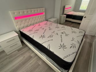 Queen size bed frame with mattress and 2 nightstand. free delivery free installation all new furniture