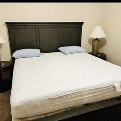 King Size Bed With Mattress And Box Spring And Side Tables And Lamps