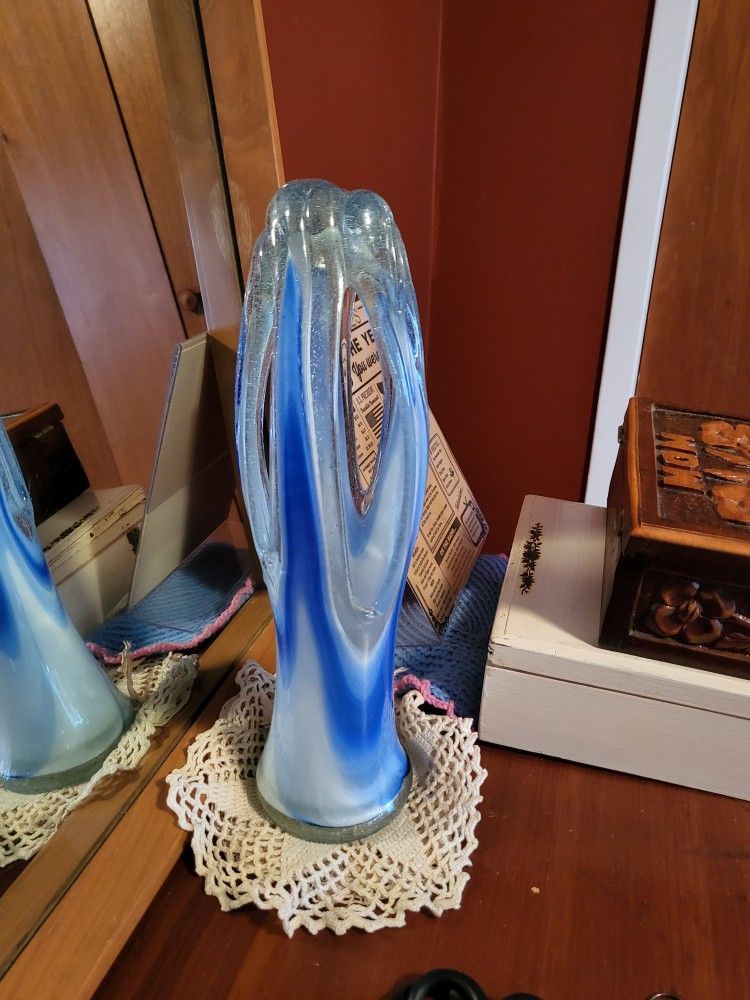 Glass Hand Blown Blue Basket Vase