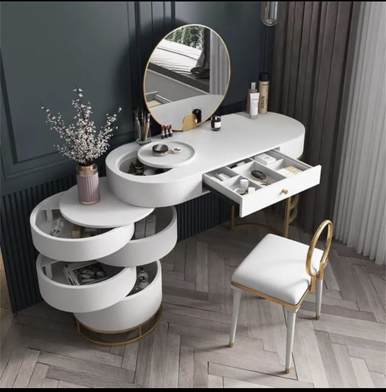 White Makeup Vanity Dressing Table With Swivel Cabinet Mirror & Stool Included