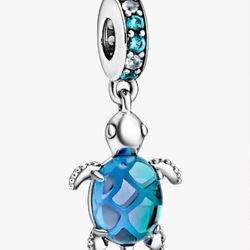 Silver Turtle Charm with Blue Glass Shell For Pandora Bracelet Necklace