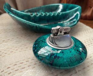 Vintage Mid Century Drip Glaze Art Pottery, Matching Ashtray & Lighter Set
