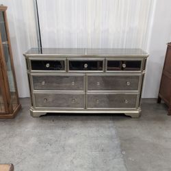 Champagne Mirrored Seven-Drawer Dresser with Ornate Pulls