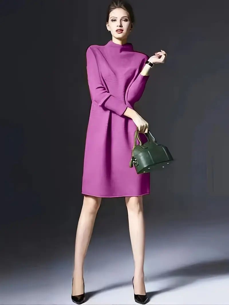 Autumn Winter Women Knitted Long Sleeves Mock Neck Sweater Pullover Dress