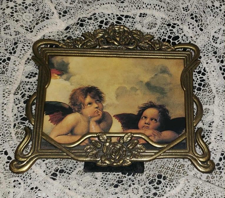 VINTAGE ORNATE GOLD BRASS FLORAL FLOWER ROSE FRAME CHERUB ANGEL PICTURE ART DECOR DISPLAY